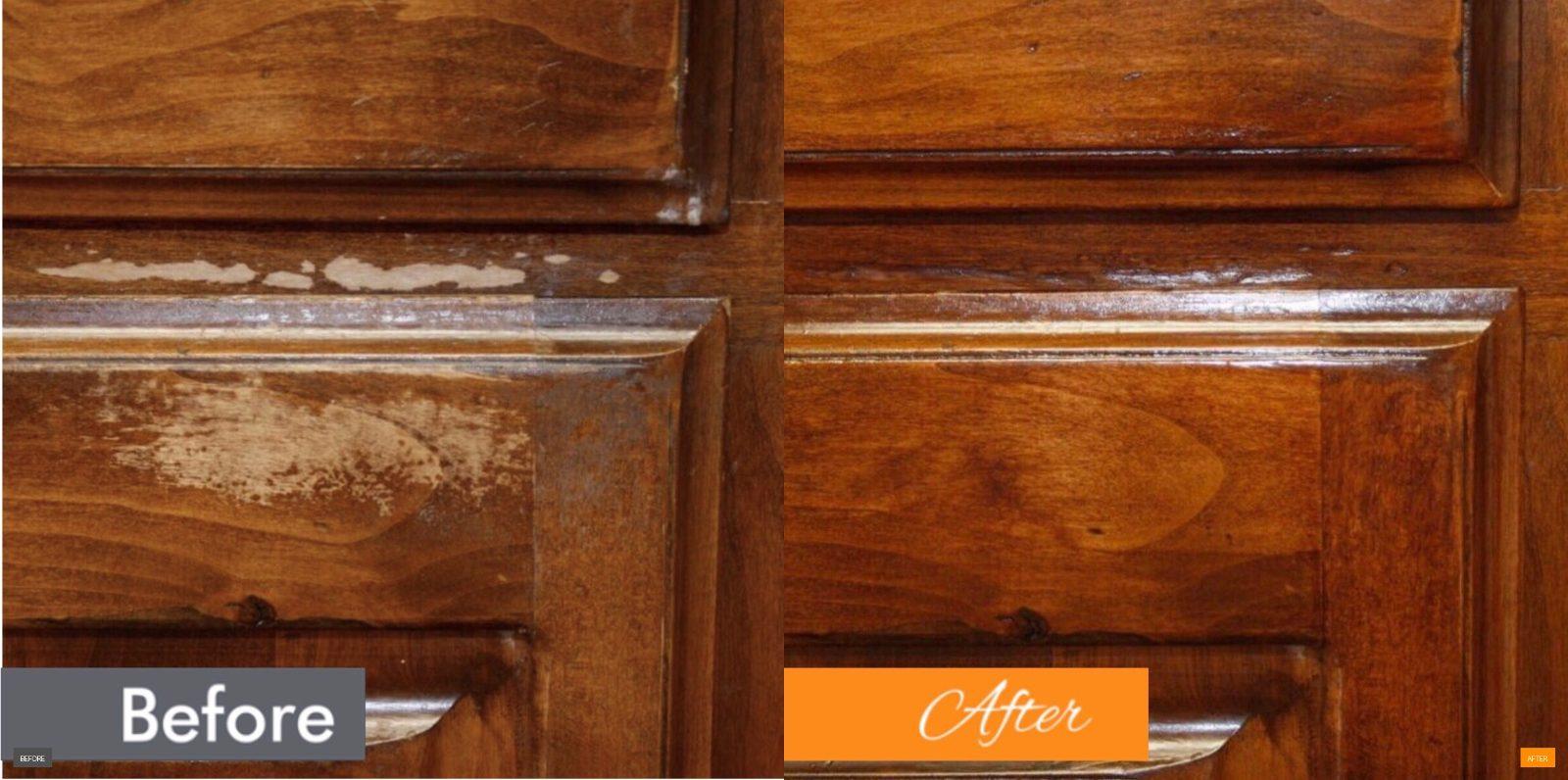 Raised-panel wood cabinet door with a worn, peeling finish before restaining, and a rich, glossy restored finish after